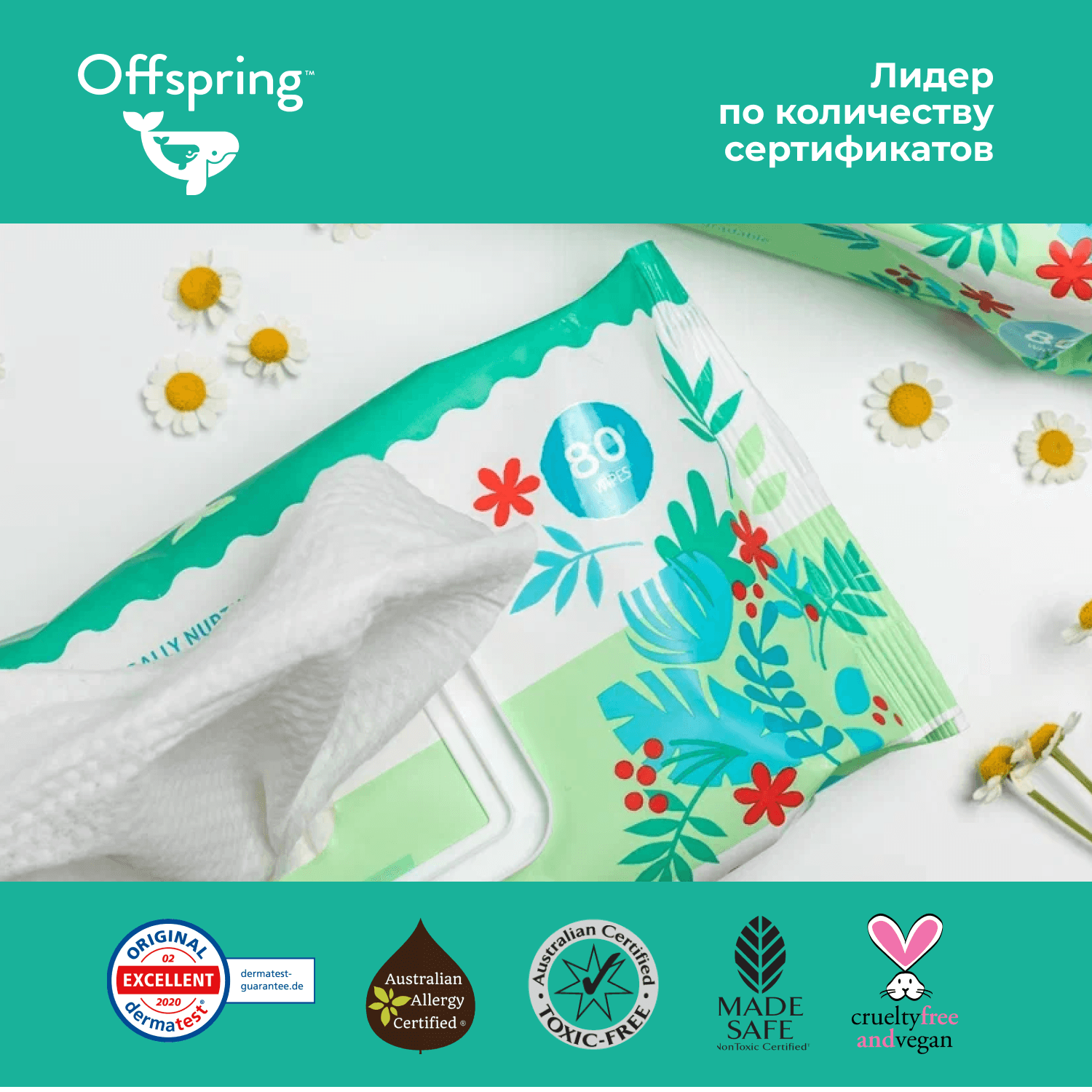 Offspring биоразлагаемые влажные салфетки, 80 шт.