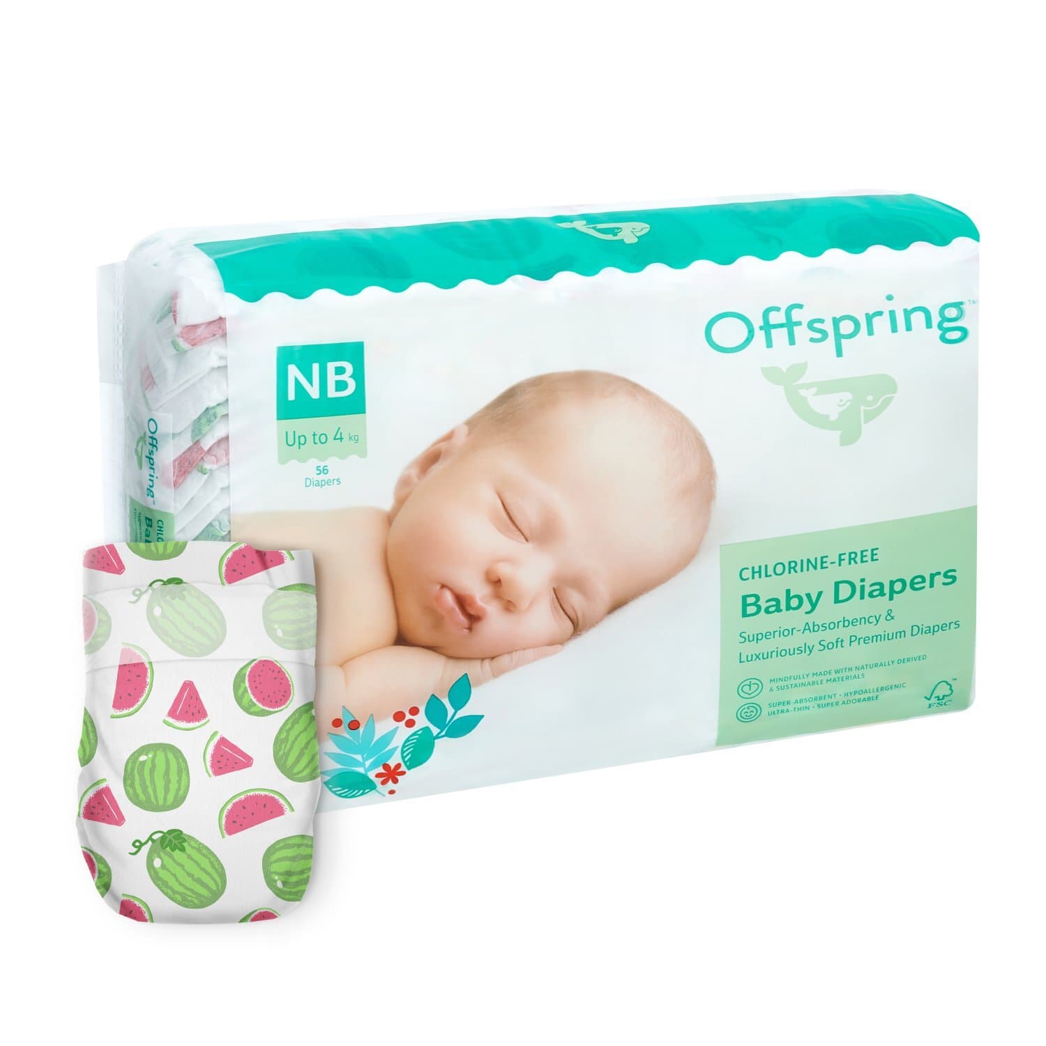 Offspring подгузники, NB 2-4 кг. 56 шт. расцветка Арбузы