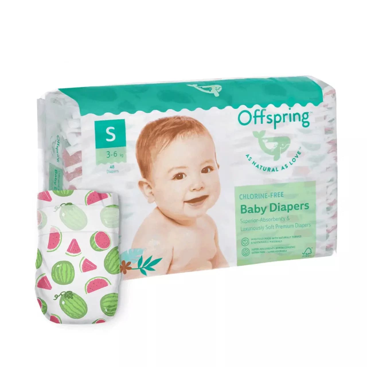 Offspring подгузники, S 3-6 кг. 48 шт. расцветка Арбузы