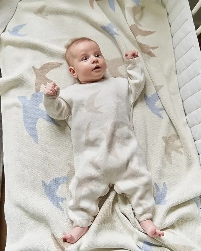 Плед вязаный из 100% хлопка Ласточки, Экрю