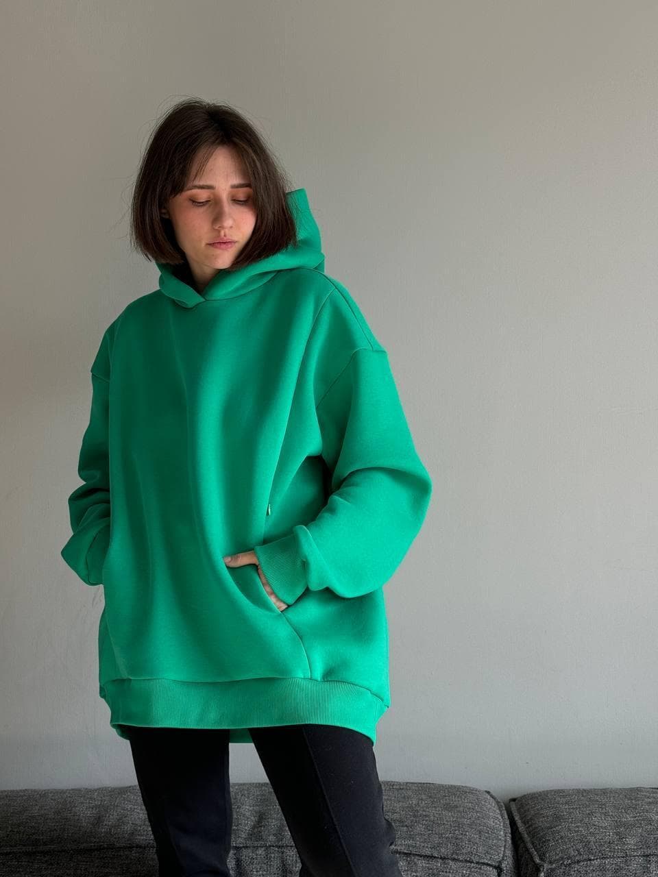 Свитшот oversize с капюшоном, Темно-зеленый