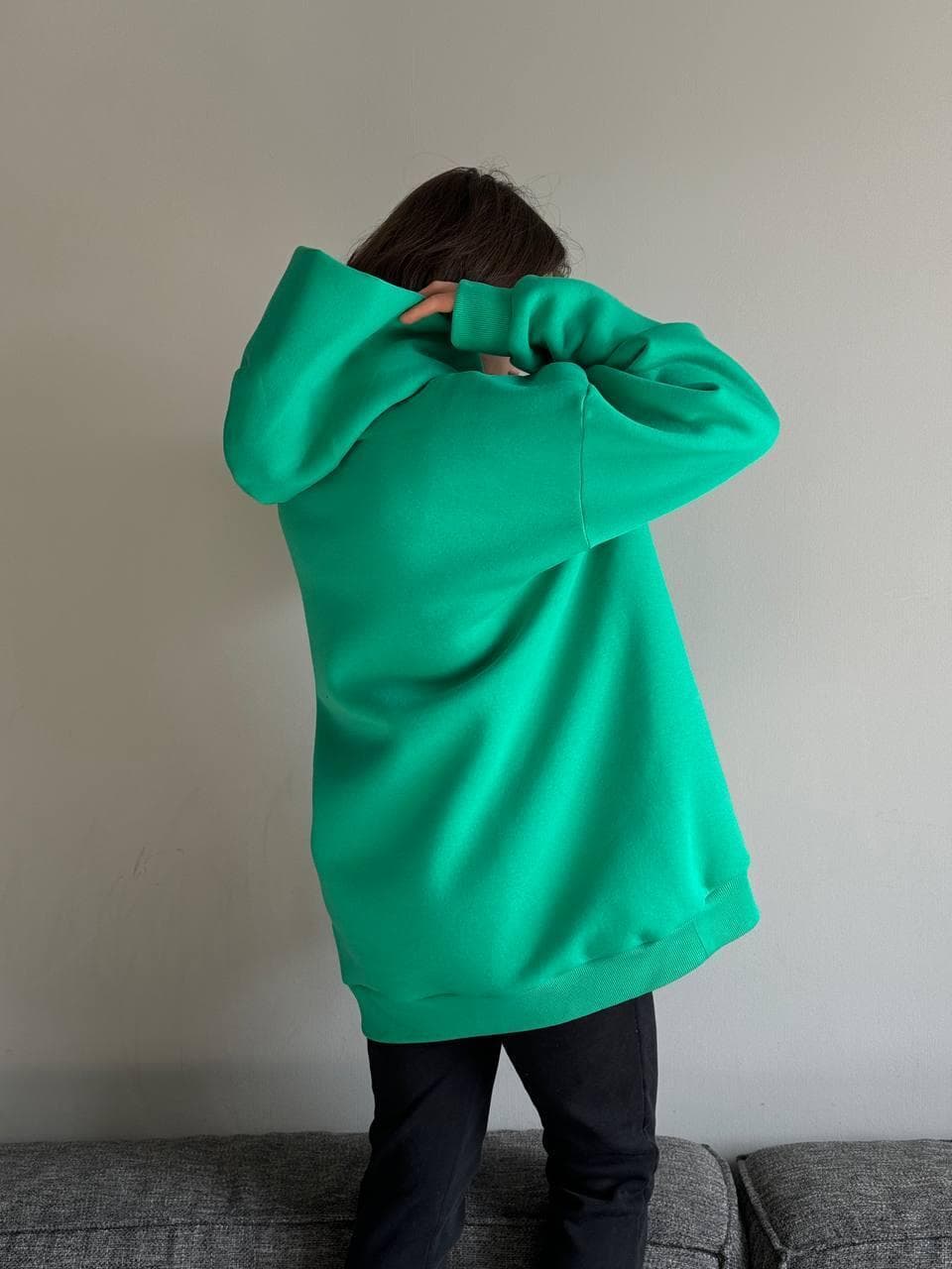 Свитшот oversize с капюшоном, Темно-зеленый