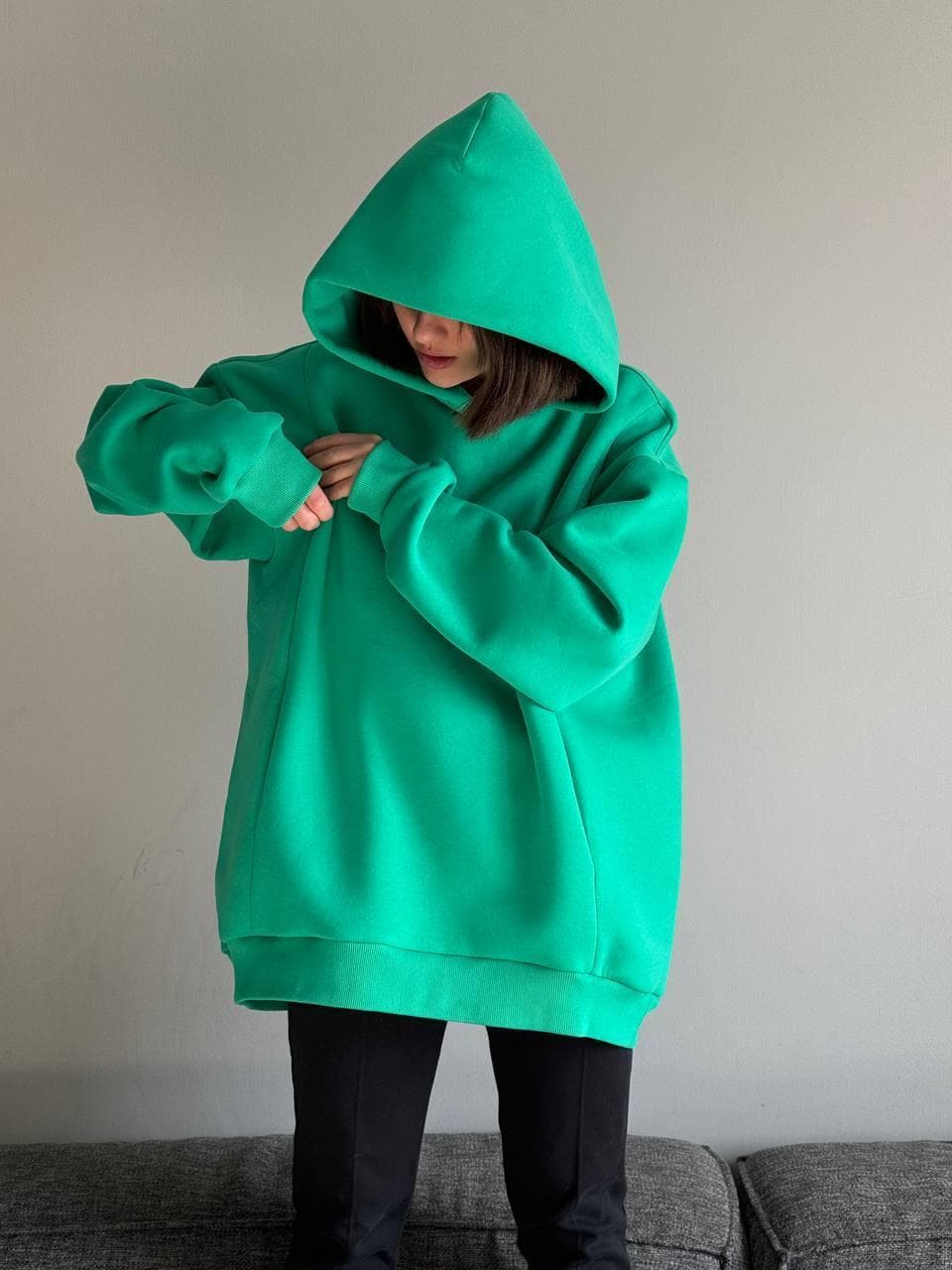 Свитшот oversize с капюшоном, Темно-зеленый