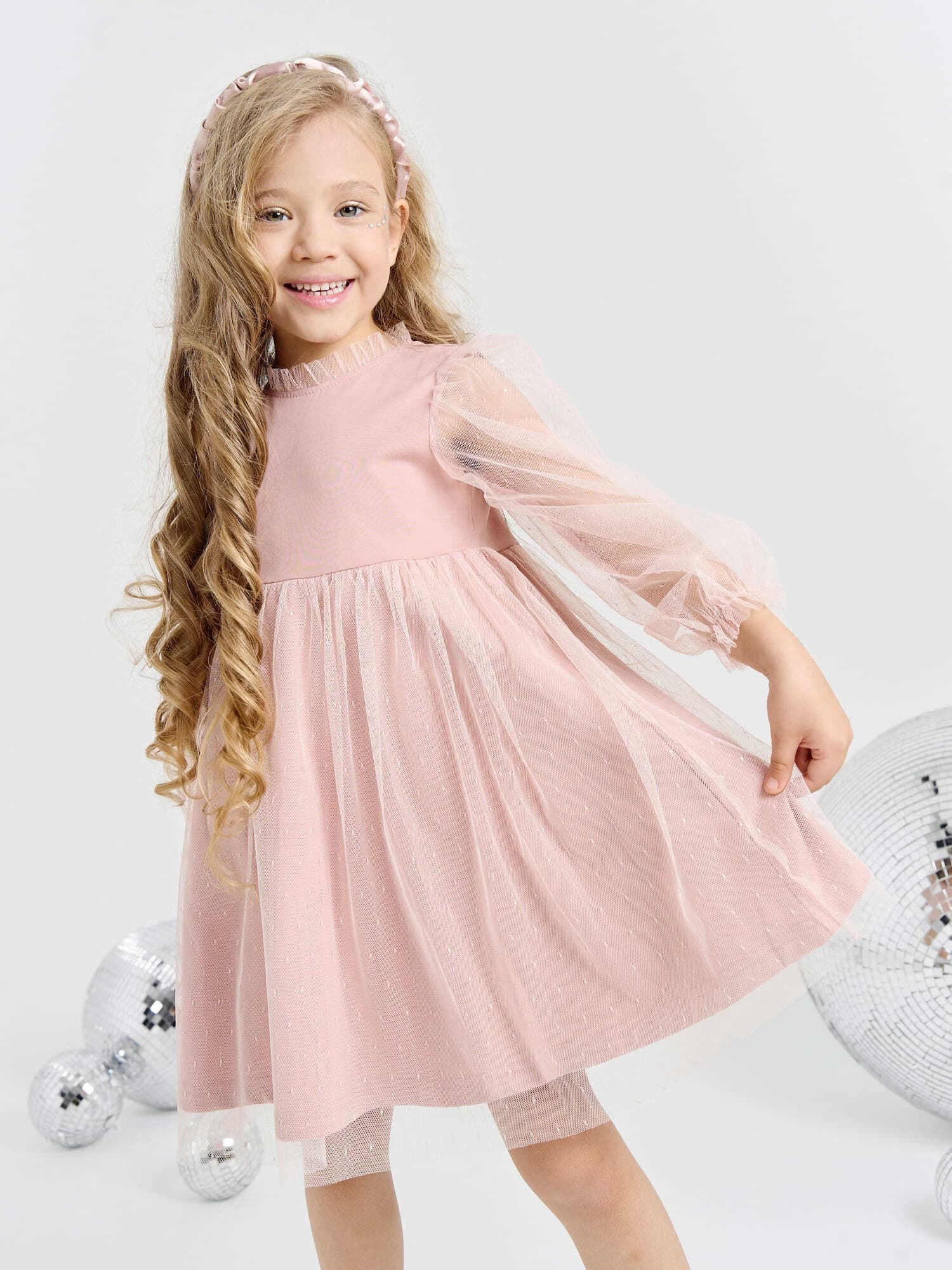 Платье с длинным рукавом и юбкой из фатина "Пудра"