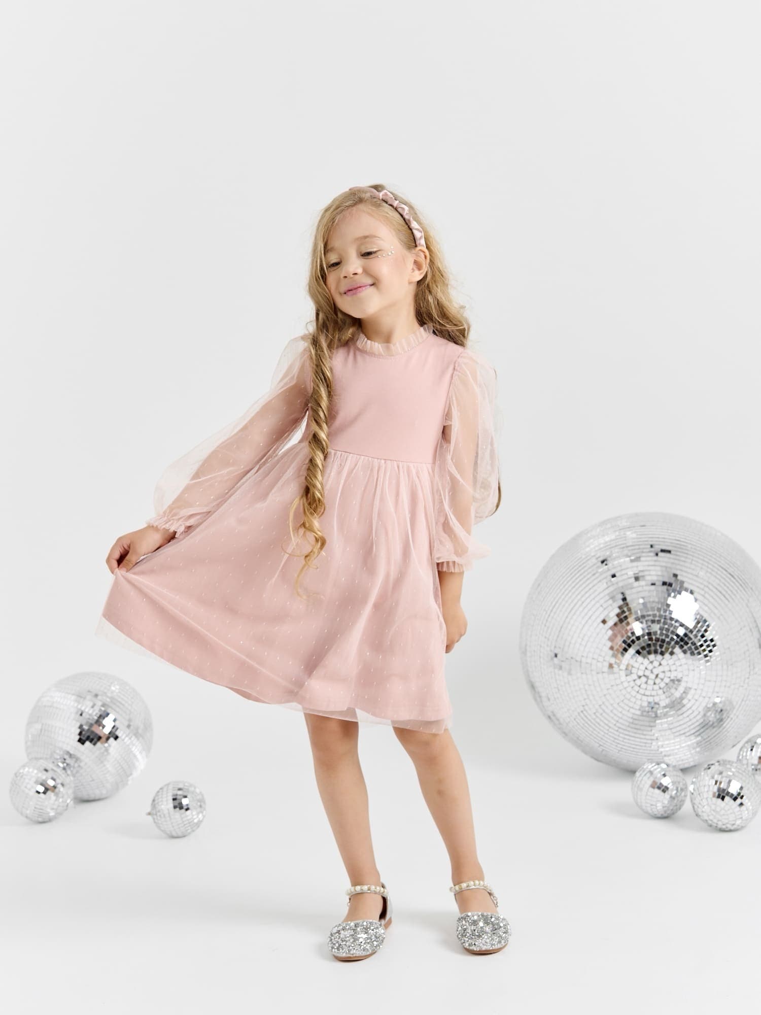 Платье с длинным рукавом и юбкой из фатина "Пудра"