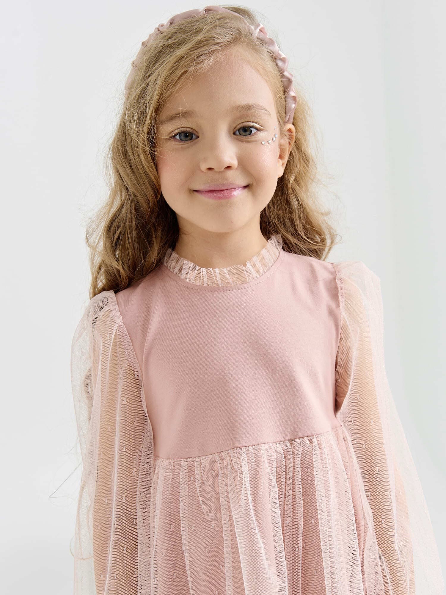 Платье с длинным рукавом и юбкой из фатина "Пудра"