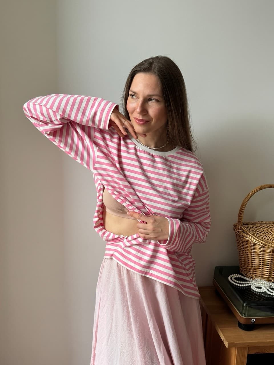 Лонгслив в полоску, Розовый