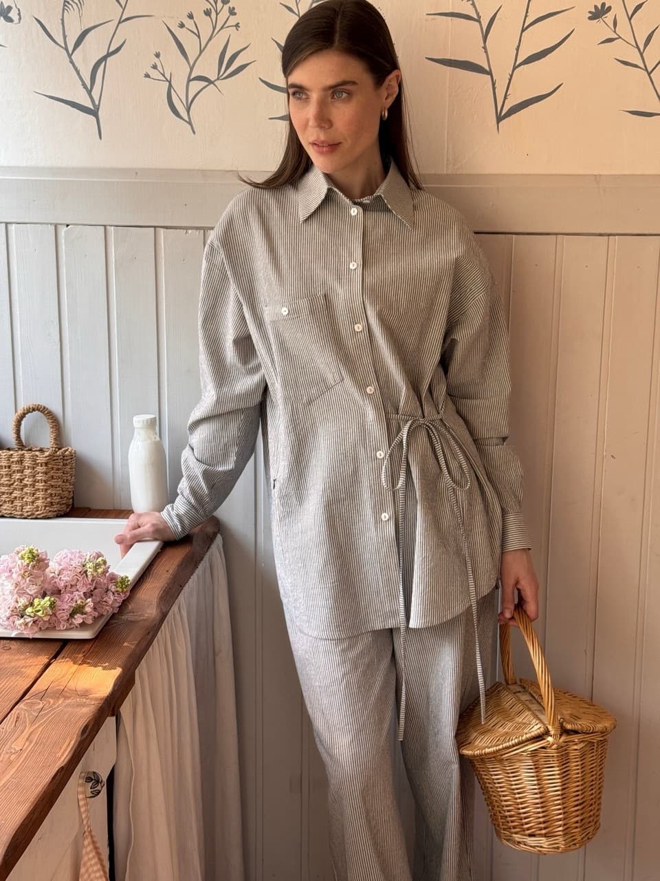 Рубашка из вареного хлопка с завязкой для беременных и кормящих, Синий в полоску