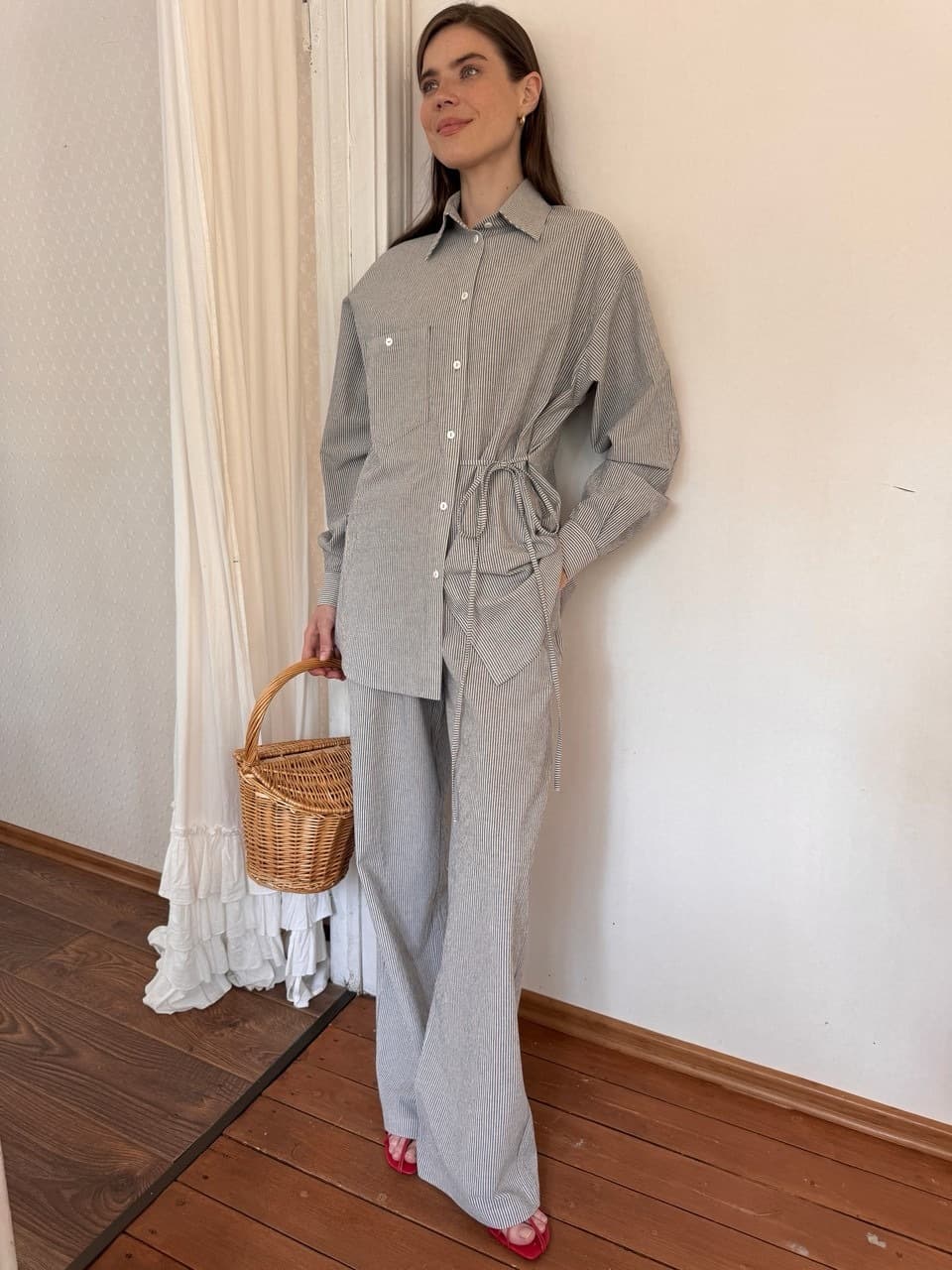 Рубашка из вареного хлопка с завязкой для беременных и кормящих, Синий в полоску