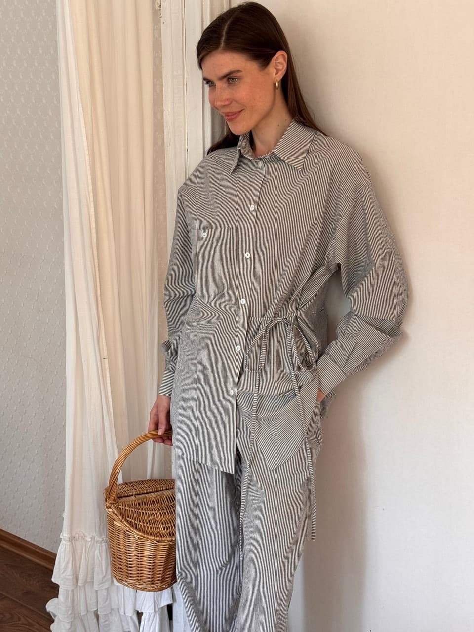 Рубашка из вареного хлопка с завязкой для беременных и кормящих, Синий в полоску