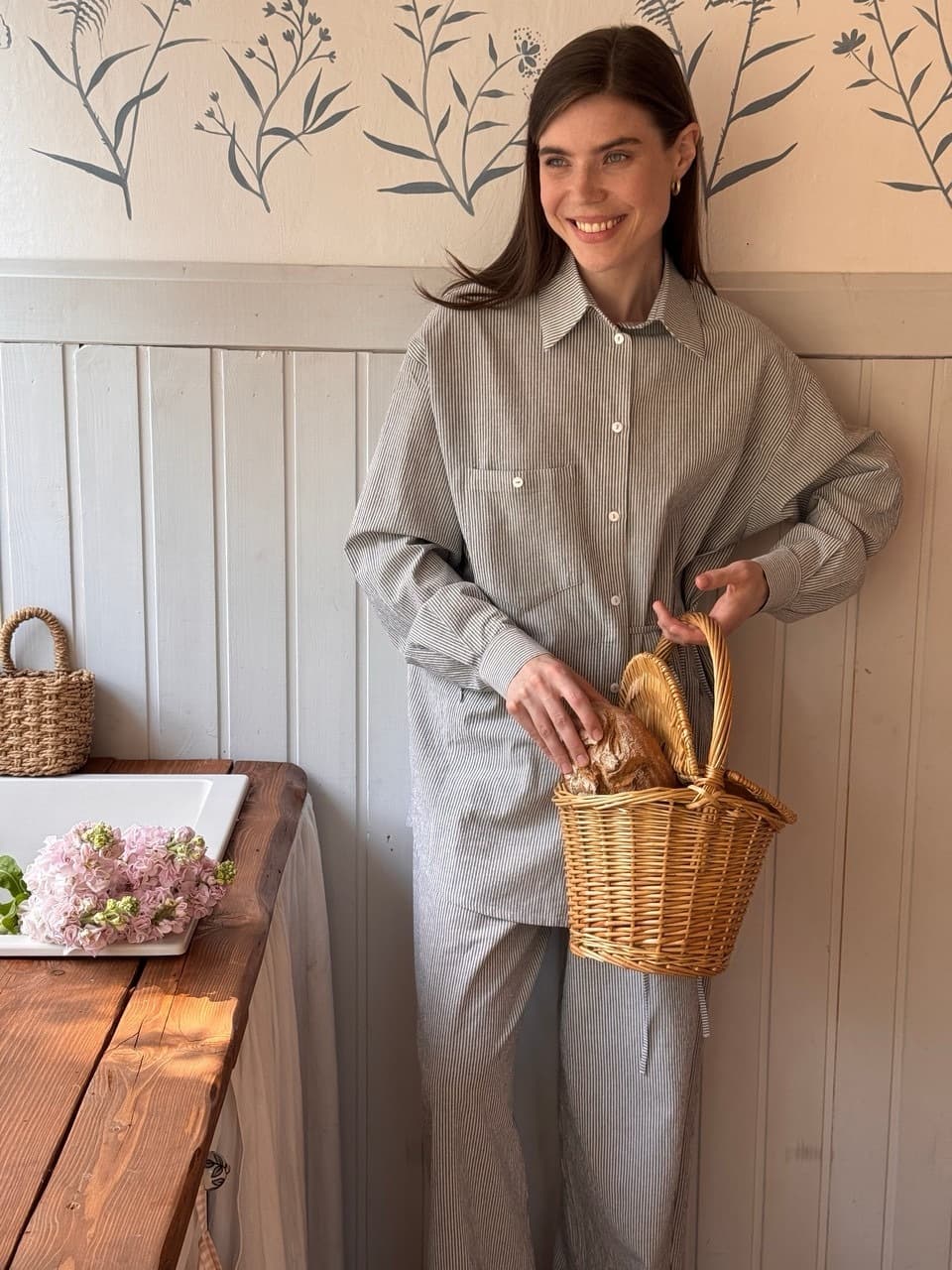 Рубашка из вареного хлопка с завязкой для беременных и кормящих, Синий в полоску