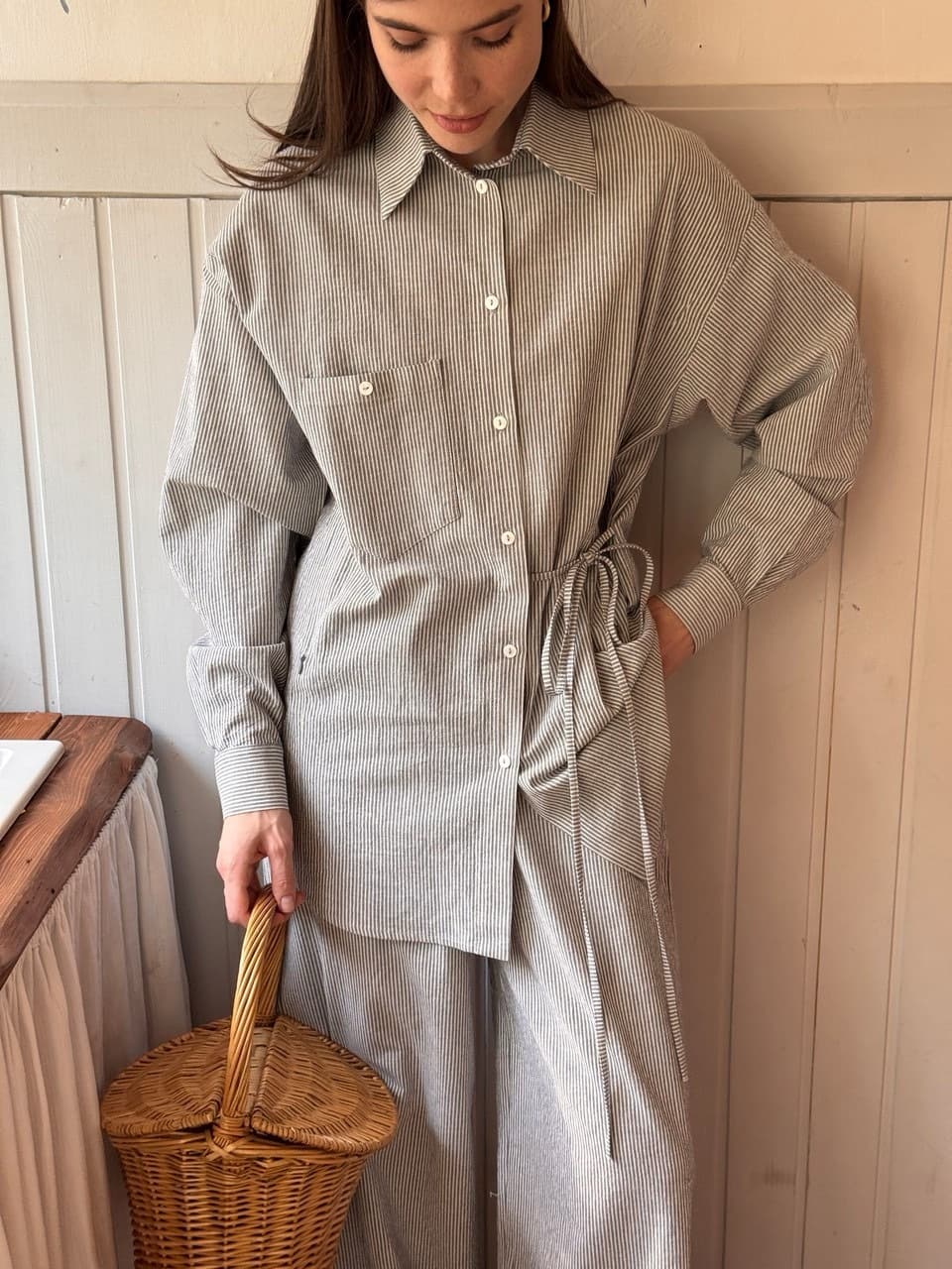 Рубашка из вареного хлопка с завязкой для беременных и кормящих, Синий в полоску