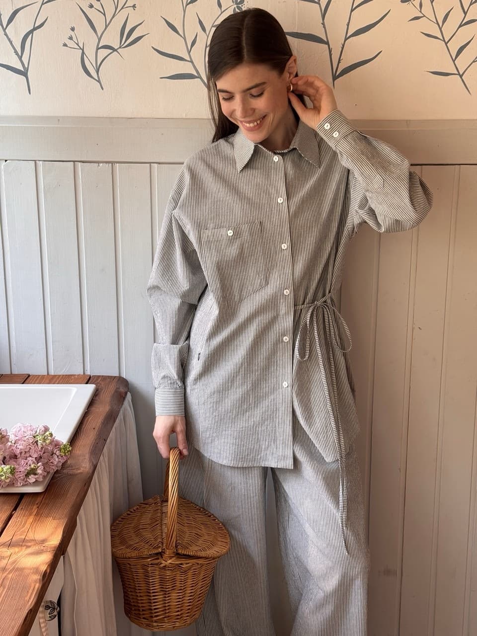 Рубашка из вареного хлопка с завязкой для беременных и кормящих, Синий в полоску