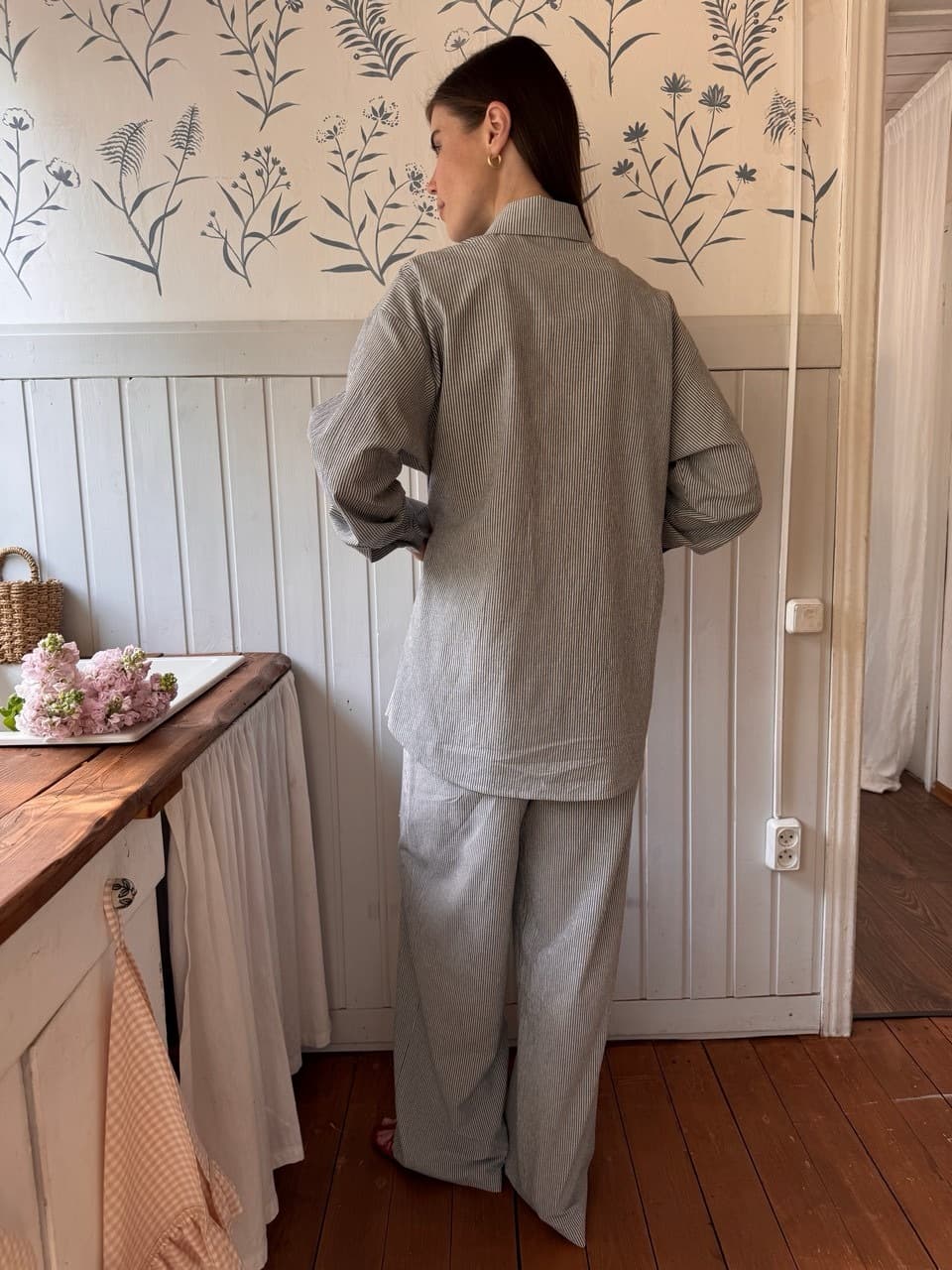 Рубашка из вареного хлопка с завязкой для беременных и кормящих, Синий в полоску