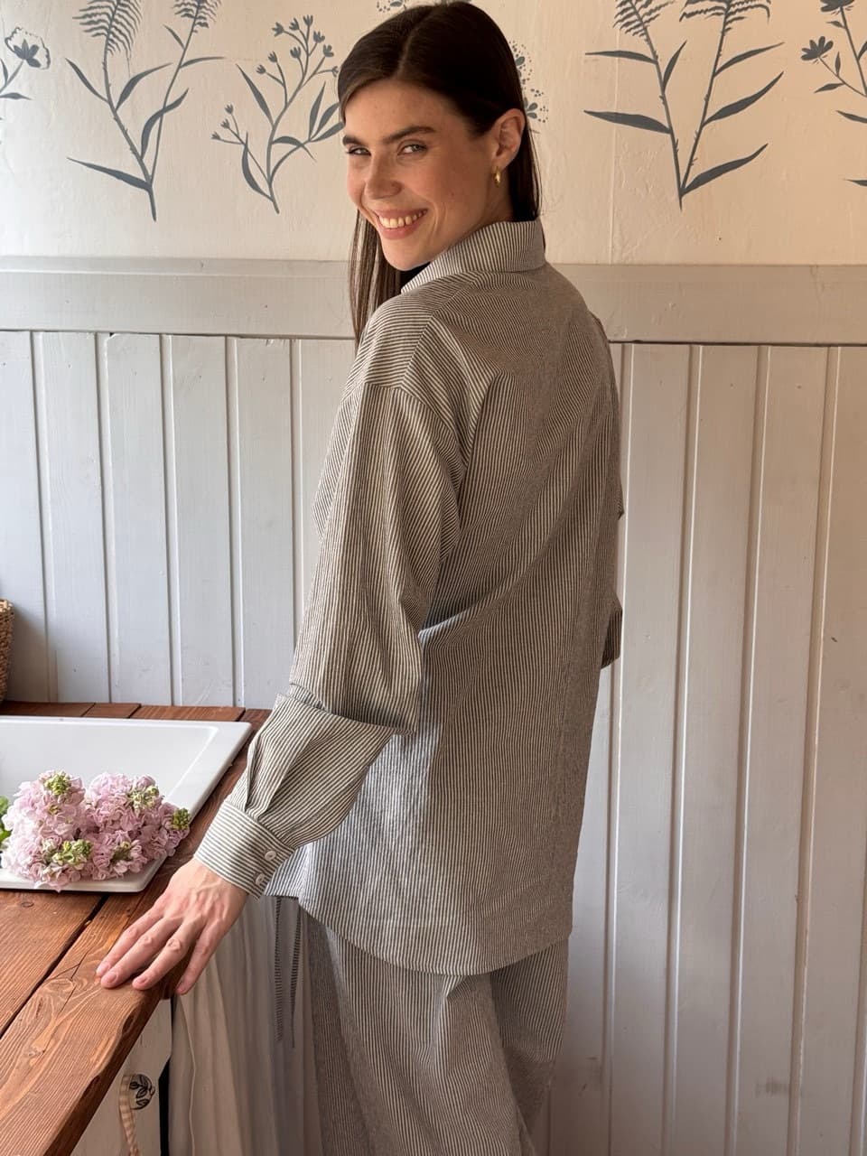 Рубашка из вареного хлопка с завязкой для беременных и кормящих, Синий в полоску