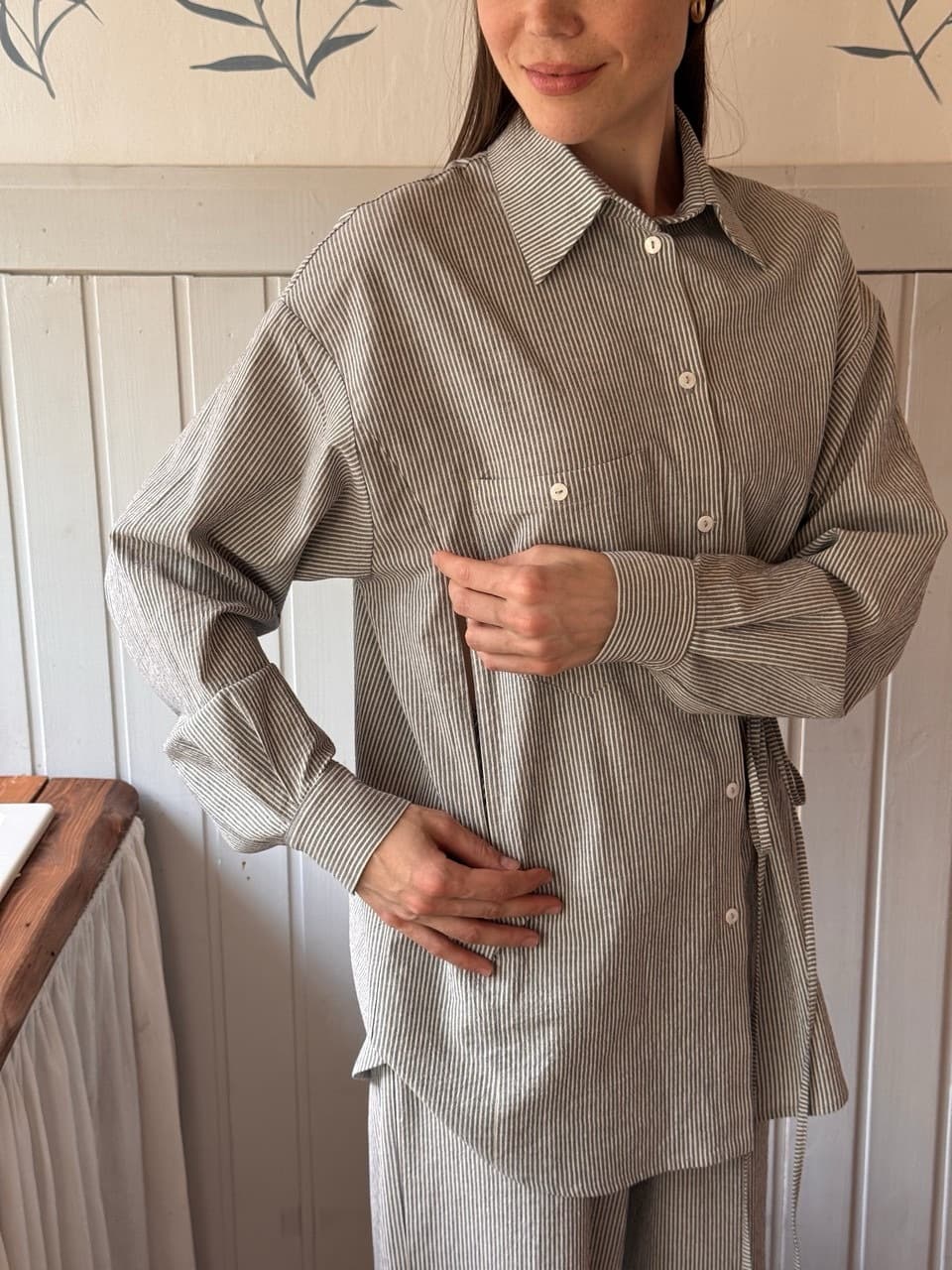 Рубашка из вареного хлопка с завязкой для беременных и кормящих, Синий в полоску