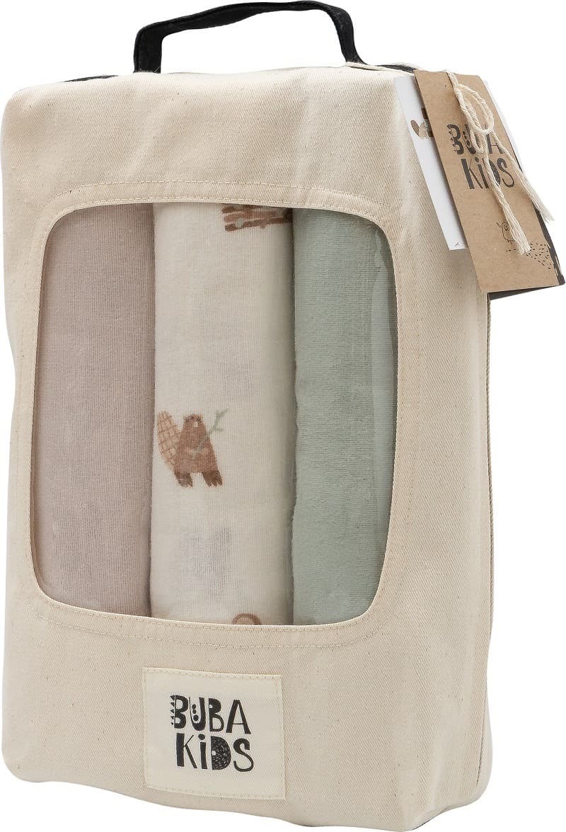 Пелёнки фланелевые BUBA KIDS, 3 шт., Бобры на хуторе/Речная вода/Бежевый, 95х115