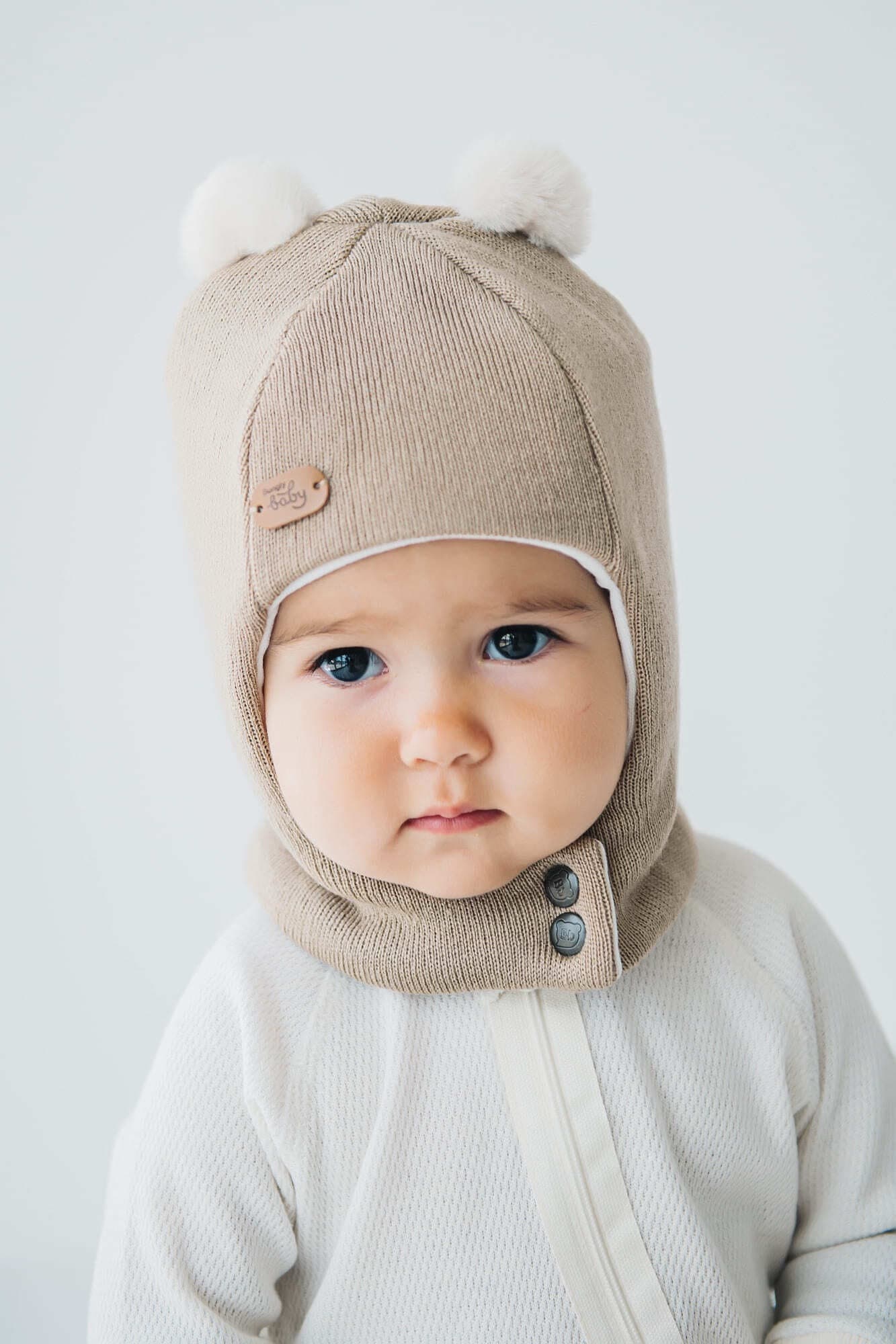 Шлем зимний из смесовой шерсти "Экрю" на кнопках