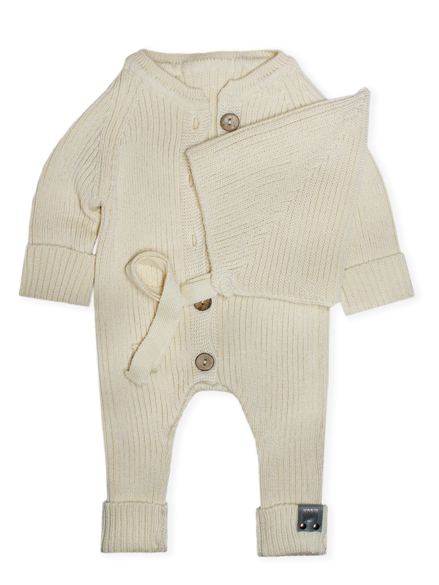 Вязаный комплект Комбинезон и чепчик, Молочный